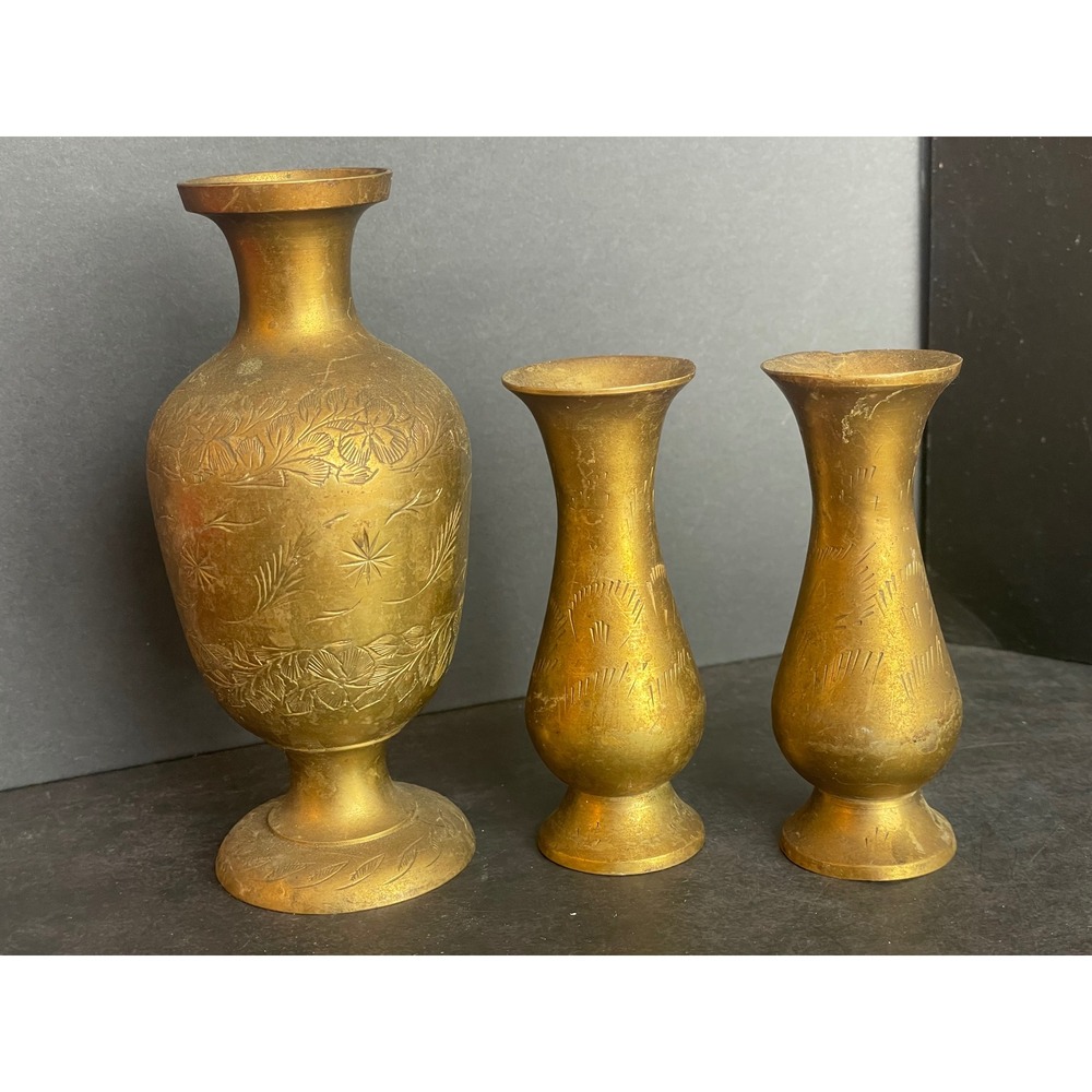 Vintage Brass Vase Set Etched Floral Design Pedestal Base Set of 3